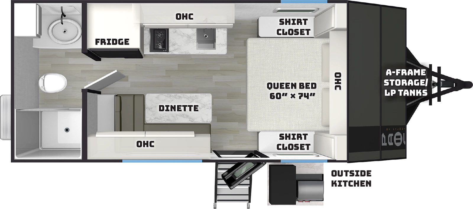 The Pause R17RB floorplan has one entry and zero slide outs. Exterior features include: fiberglass exterior and outside kitchen. Interiors features include: front bedroom and rear bathroom.